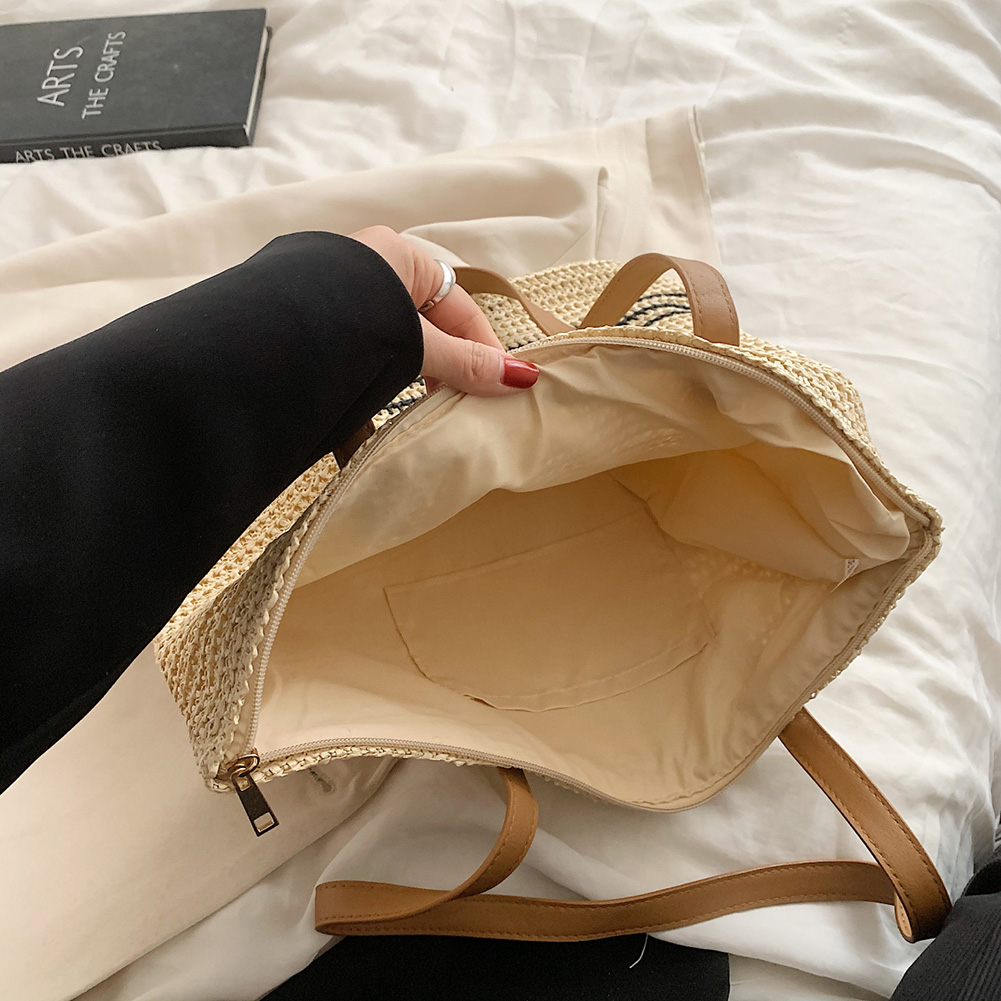 Summer Straw Shoulder Bags for Women Striped Woven Seaside Beach bag Vacation Shopping Bags Casual Female Shoulder Handbags Tote