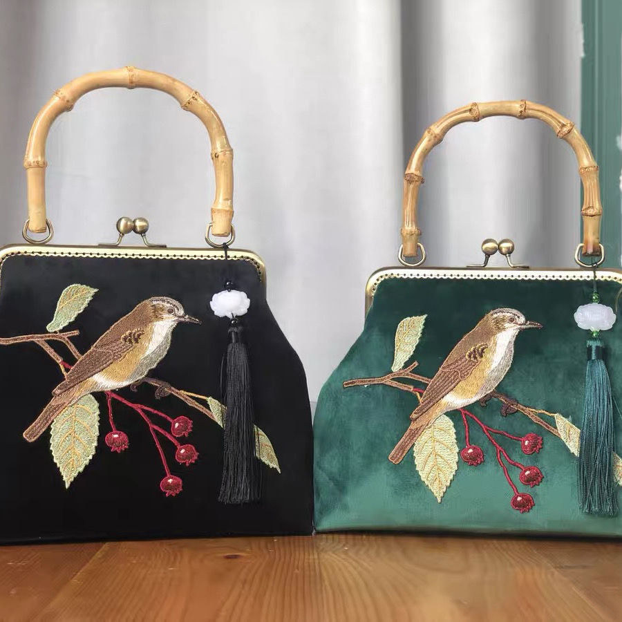 Embroidery Bird Fringe Bag Wood Hand Vintage Fashion Tote Women's Handbags Purses Chain Women Shoulder Crossbody Bag Bags