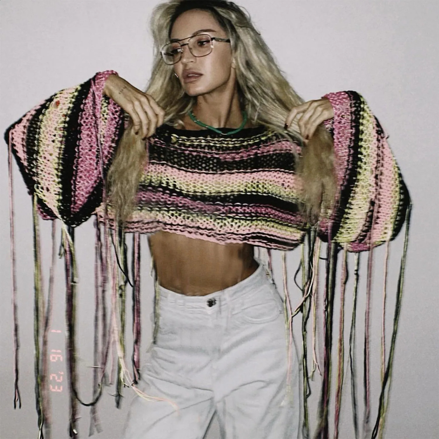 Sexy Colorful Knitted Casual Crop Top Women Long Sleeve Tassel Sweaters 2024 Summer Beach Harajuku Lolita Cover Ups Y2K Clothes 240813
