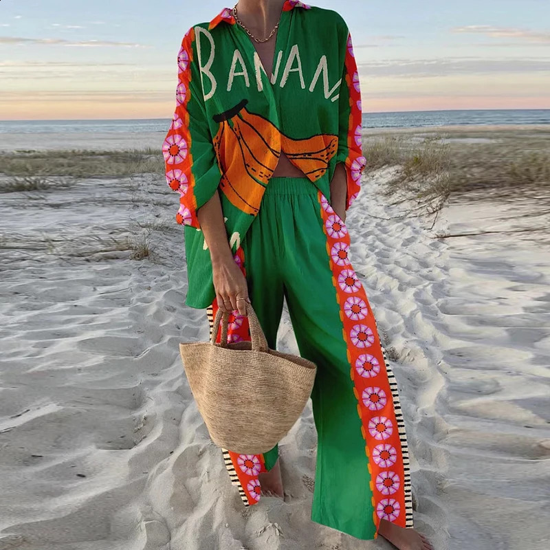 Leisure Hawaiian Beach Vocal Set Womens Button Long Sleeve Shirt Top and Elastic Waist Pants Banana Fashion Two Piece 240810