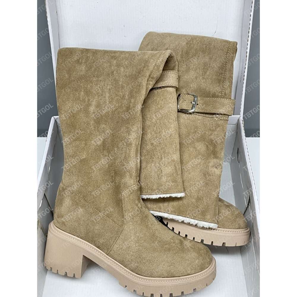 High Quality Knee Boots Classic Designer Leather Casual Boots For Winter Round Toe Heel 7cm Thick Heel Flat Bottom Black Apricot Side Zipper Woman Siz
