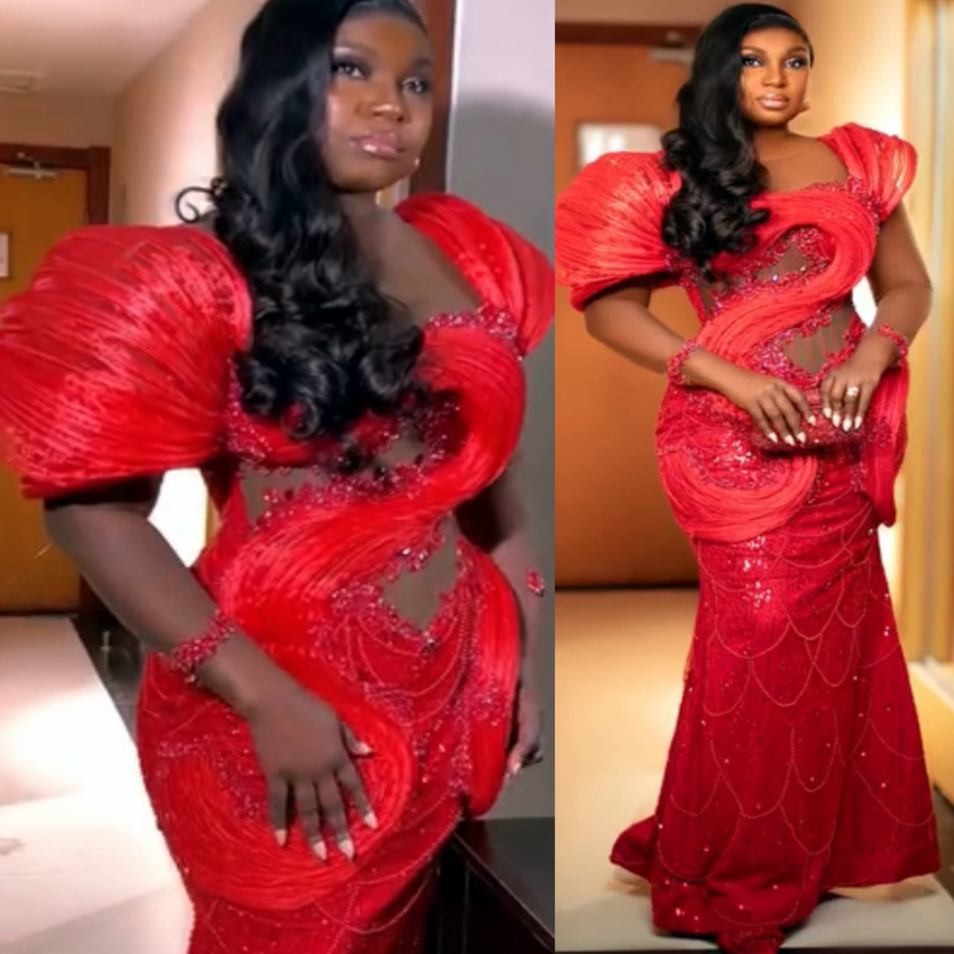 2024 Plus Size Red Mermaid Evening Dresses Lacefull Crystals Beaded Stylish Prom Formal Party Second Reception Birthday Engagement Gowns Dress for Wom