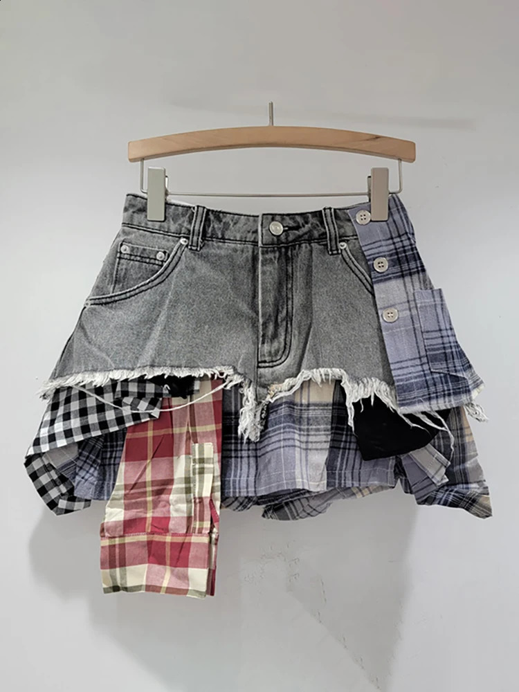 DEAT Womens Denim Leather Colorful Checkered Splicing Work Irregular Deconstruction Aline High Waist Mini Skirt 2024 Summer Fashion 240729