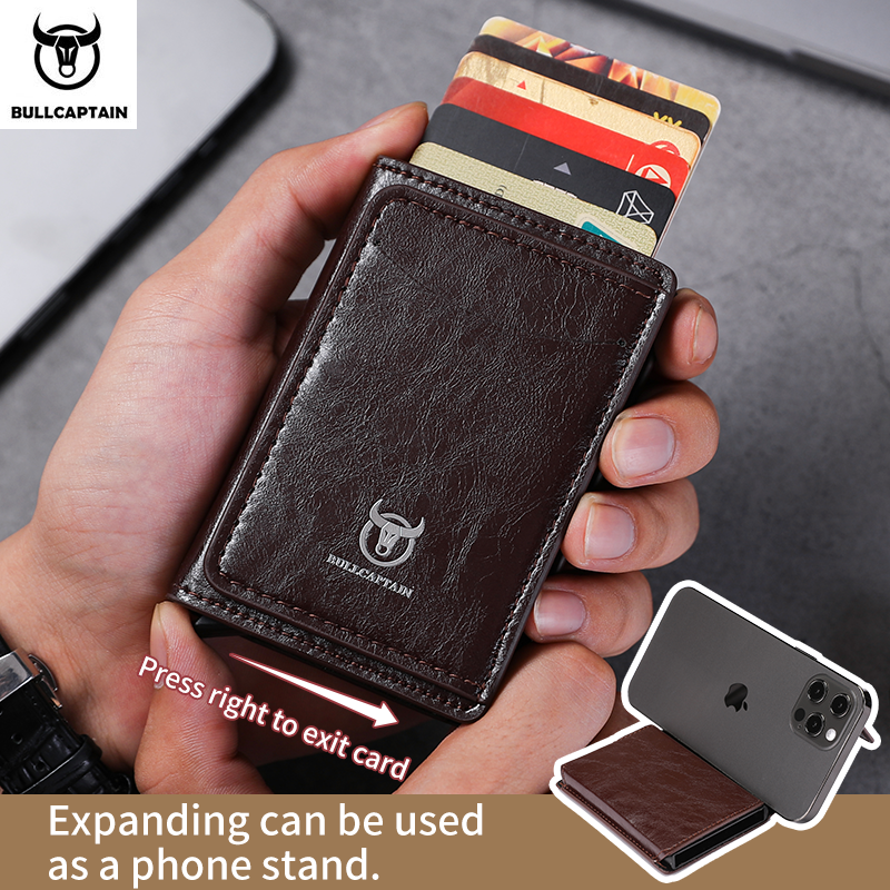 Bullcaptain Credit Card Holder Men Wallet RFID Blocking Protected Aluminium Box Leather Wallets with Money Clip Card holder