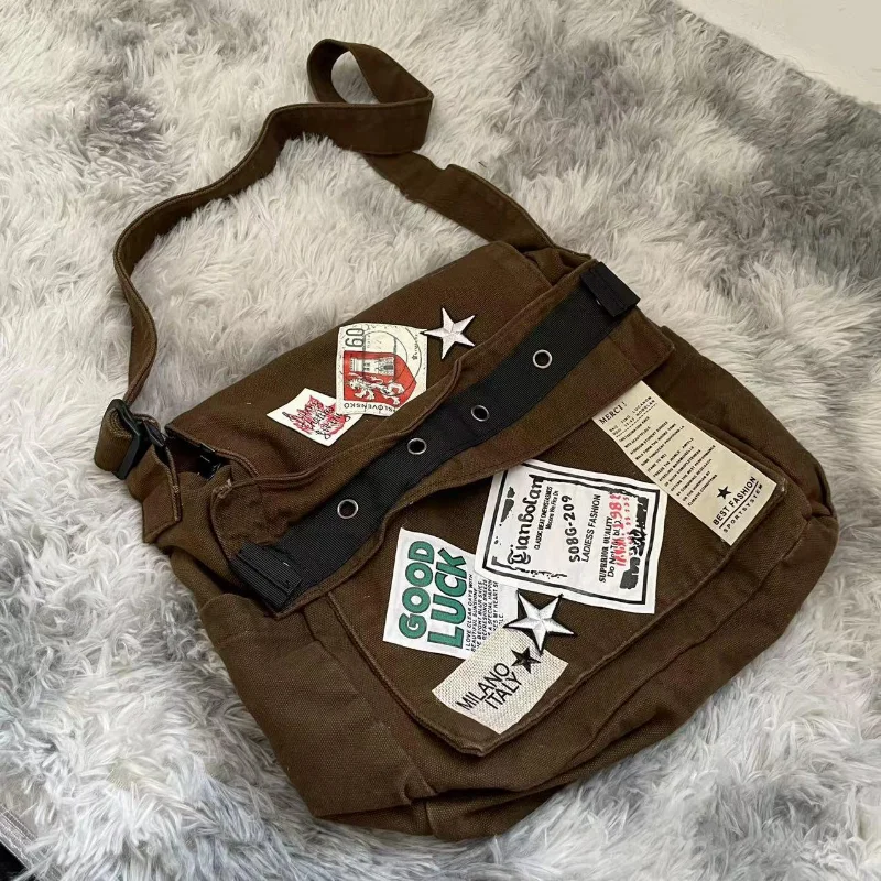 Vintage Y2k Messenger Bag for Women Canvas Star Patch Students School Crossbody Bags American Fashion Retro Female Handbags