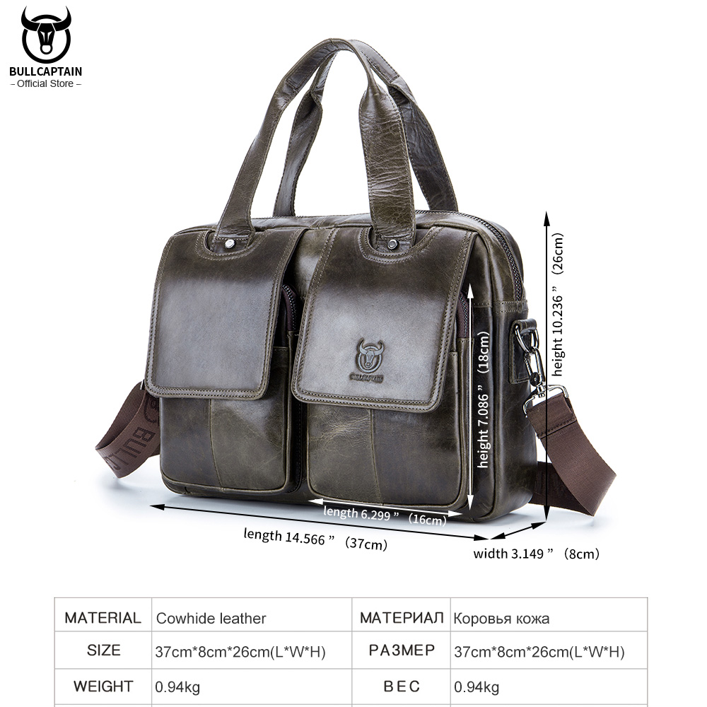 BULLCAPTAIN Men's Real Leather Briefcase 14.5 Inch Laptop Sleeve ,Casual Shoulder Messenger Bag, Tote, Work, Office, 042