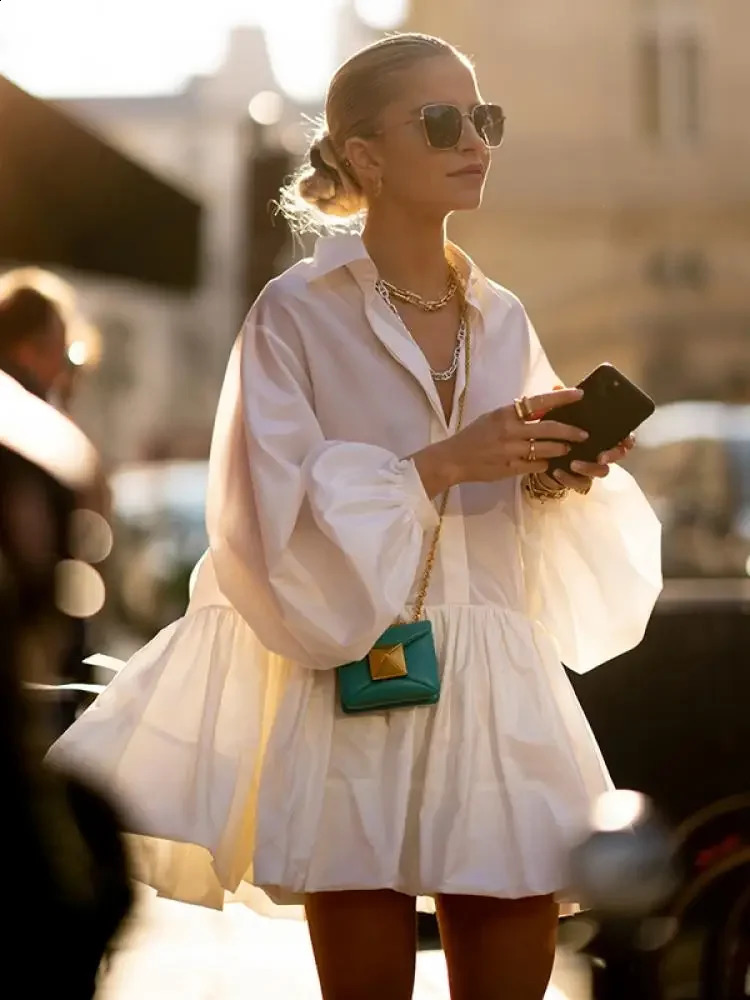 Gmystars Womens Short White Dress Summer and Autumn Collar Fluffy Long Sleeve Spliced Folded Womens Mini Shirt Dress 240729