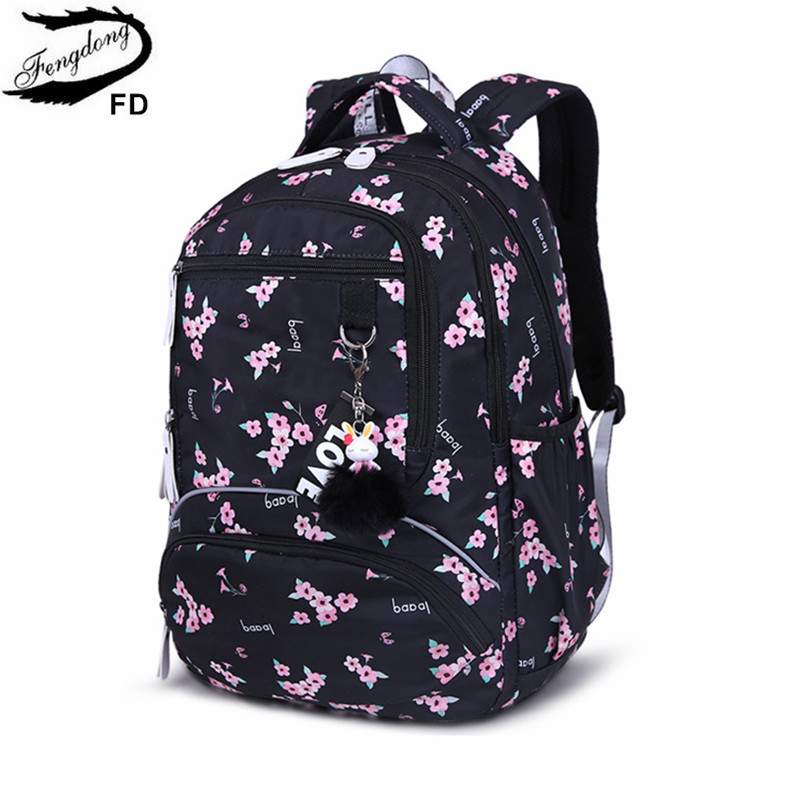 Fengdong Cherry blossoms school backpack for women black pink floral book bag fashion school bags for girls cute flower bookbag