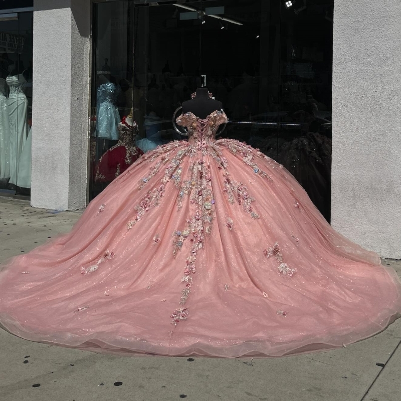 Pink Shiny Quinceanera Dress Ball Gown Off The Shoulder Applique Lace Beads Tull Sequins Bridal Sweet 16 Vestidos 15 De Novia