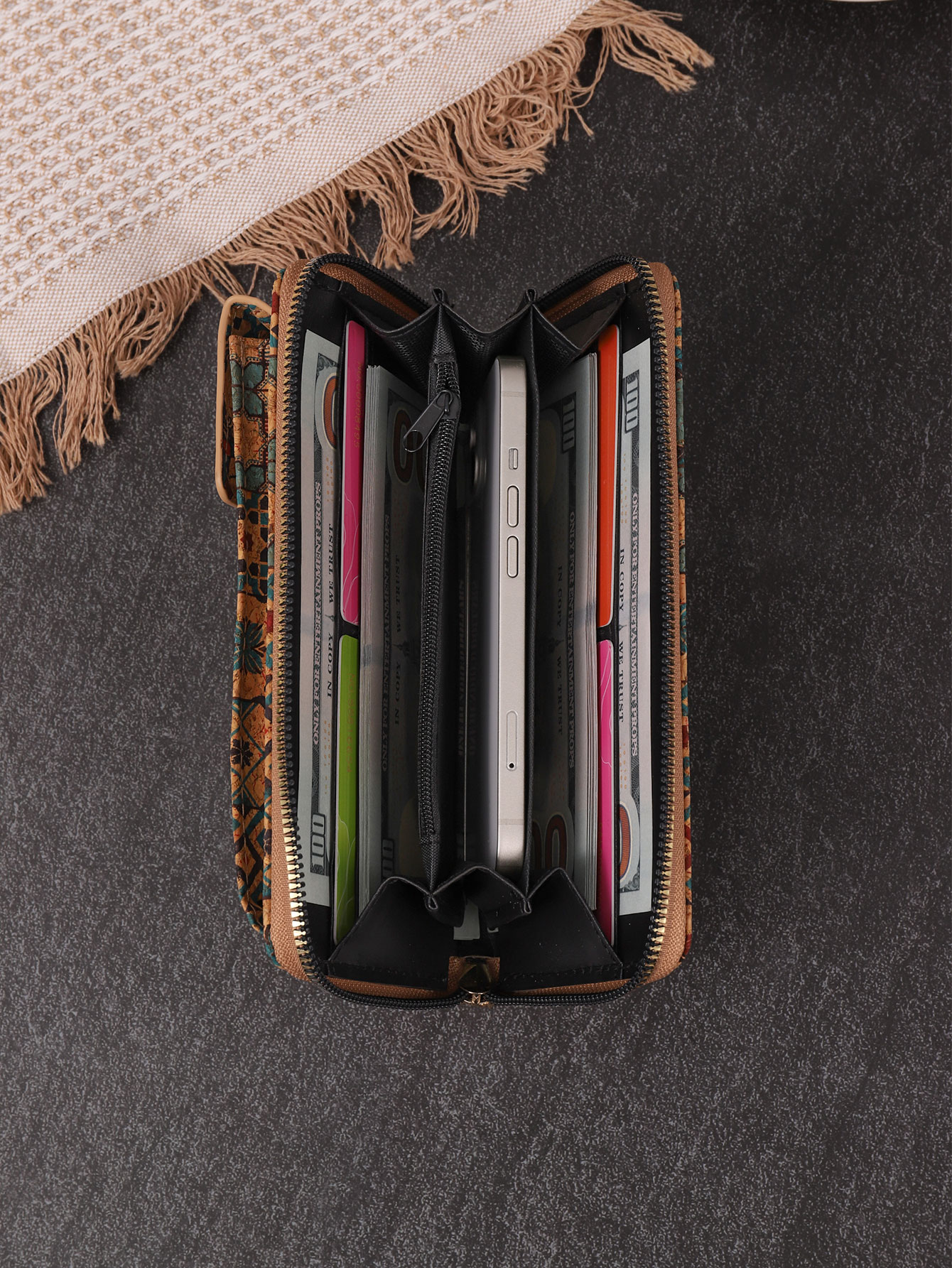 New Fashion Retro Bohemian Style Wallet Multifunctional Large Capacity Wood Grain Mobile Phone Bag Fashion Versatile Coin Purse