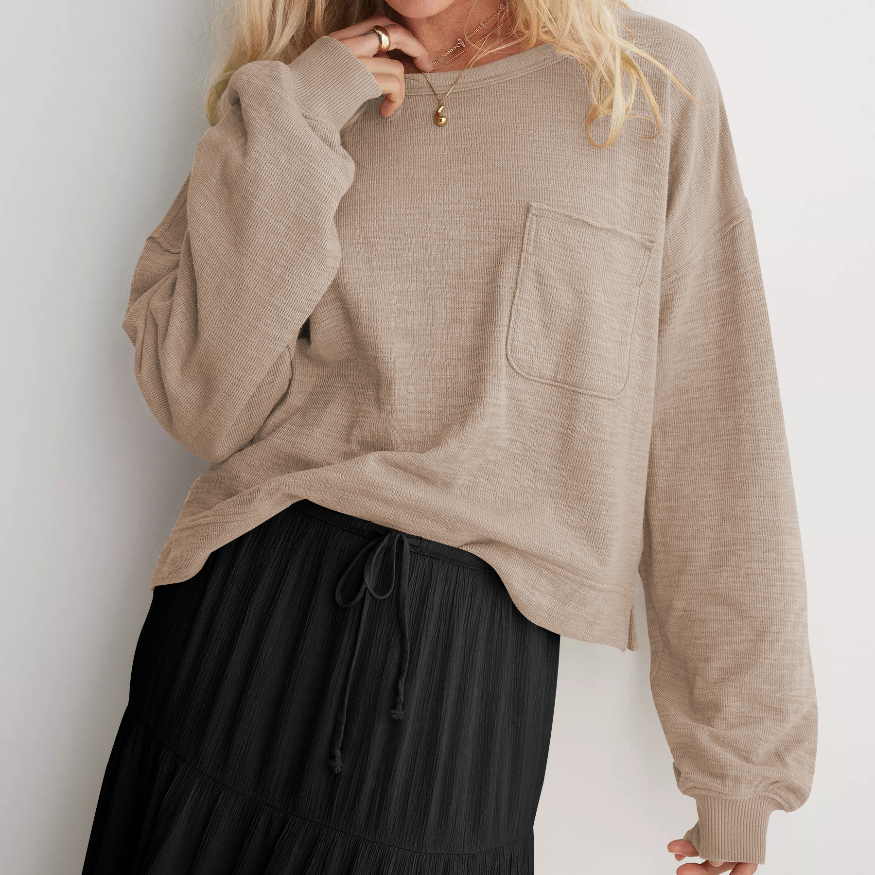 Ribbed round neck top, comfortable casual hoodie, women's long sleeved knitted sweater