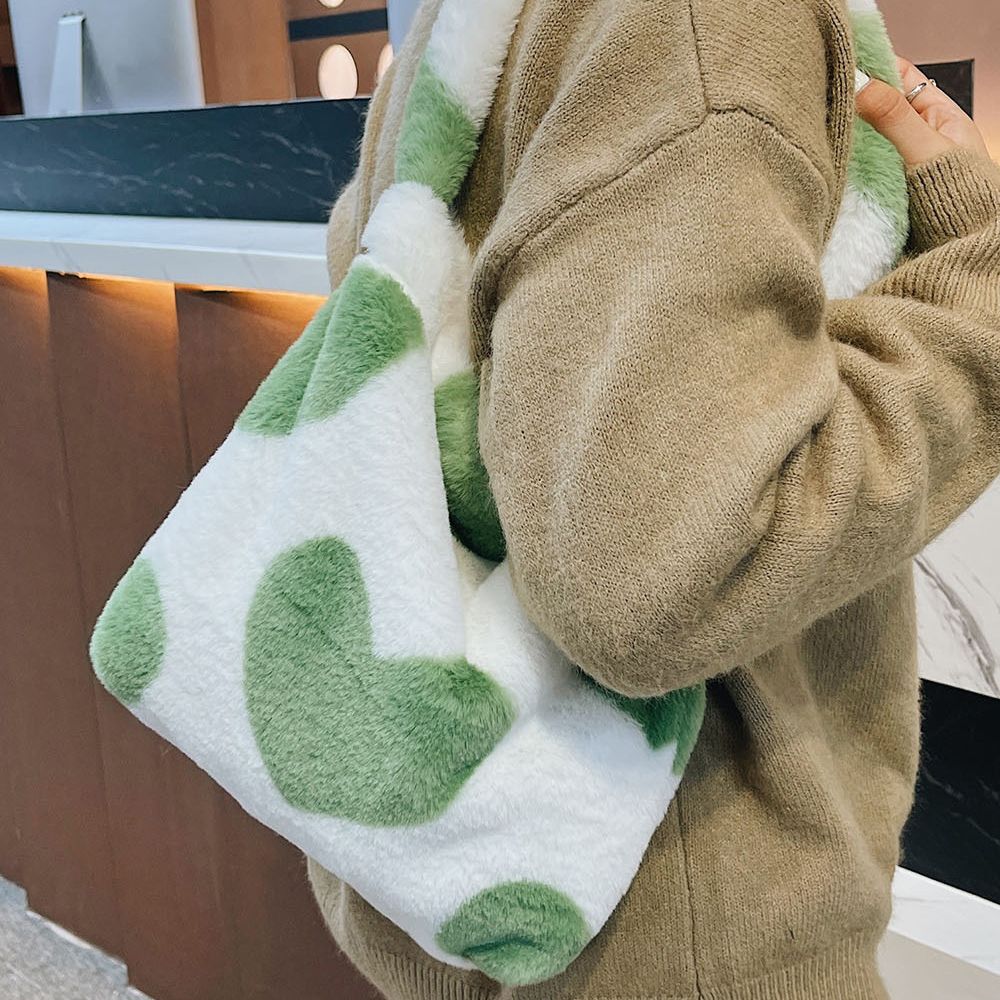 Soft Plush Leopard Print Underarm Bag Women Love Heart Shoulder Bag Fashion Ladies Autumn Winter Large Capacity Tote Handbags