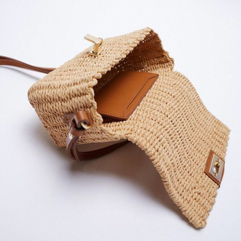 Handmade Women's Shoulder Bag Summer Straw Beach Bag Bohemian Female Handbags Fashion Square Flap Lock Designer Shopper Purse