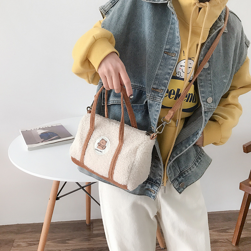 Cute Bear Women Little Boston Bag Woolen Corduroy Shoulder Bag Small Handbag Plush Crossbody Bags Cloth Zipper Purse For Girls