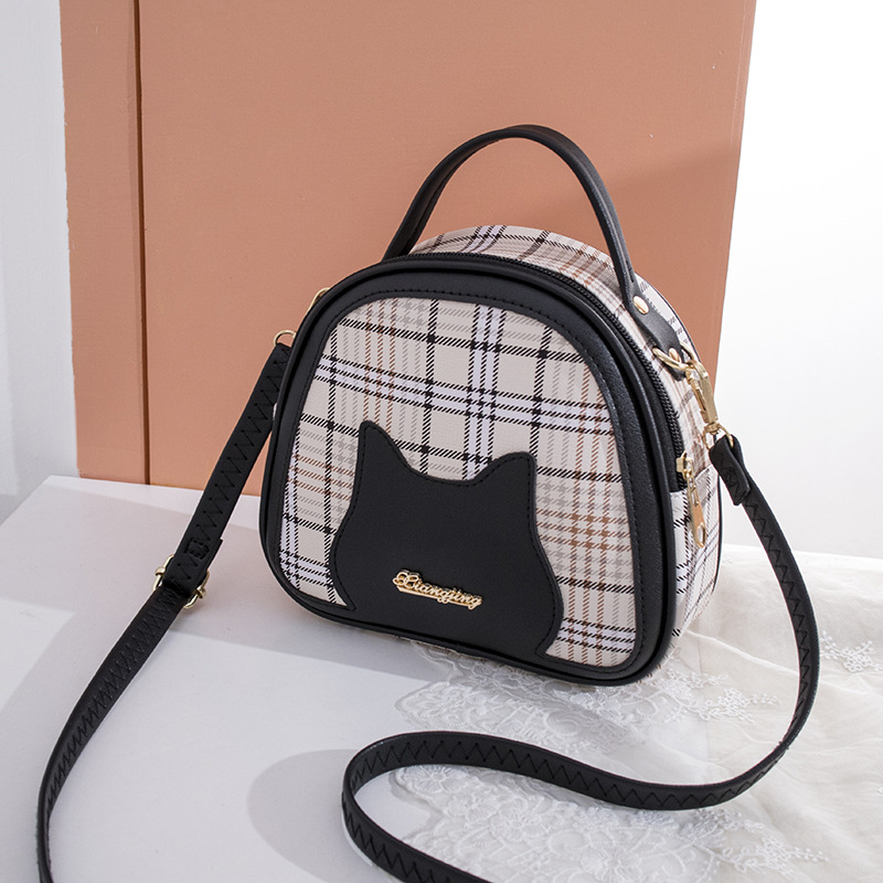 Korean Handbag Style Crossbody Bag: Sweet Checkered Cat Print Half Round Bag, Lightweight For Daily Use New Free Delivery Designer Bag