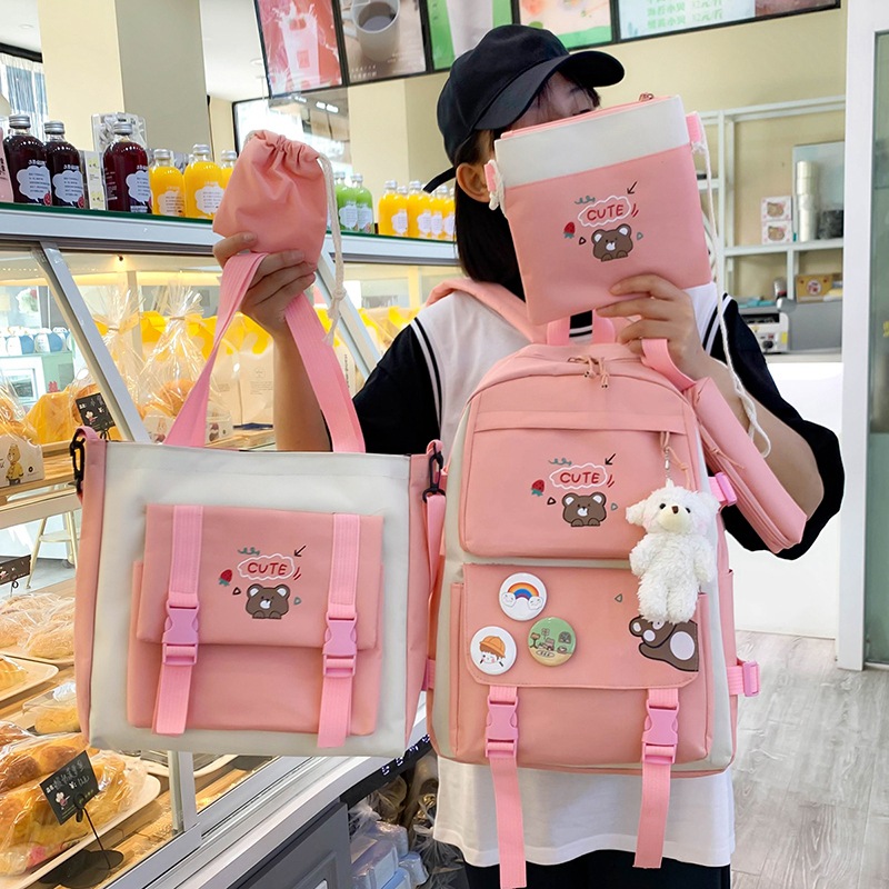 5pcs Ins High Capacity Canvas Student Backpack School Bags for Girls