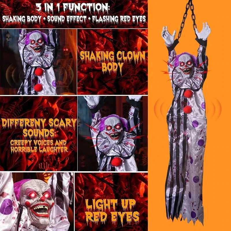 Halloween Animatronic Hanging Decoration Animated Talking Scary Clown with Chain Red Eyes Sound Touch Activated Electric Horror Y240801