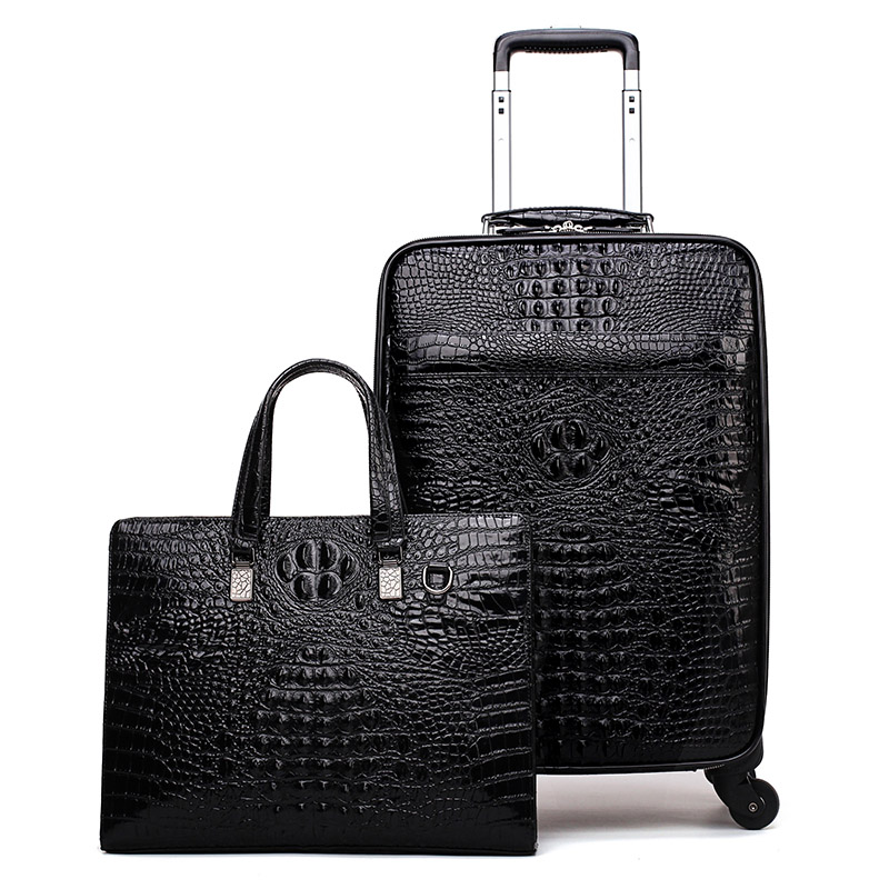 GraspDream New Men Crocodile head layer cowhide lage sets cabin travel bags on wheels business trolley suitcase with handbag 4
