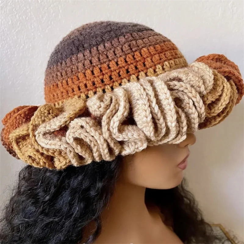 Handmade Knit Bucket Hat for Woman Weaving Floppy Ruffled Brim Bucket Hat Adult Teens Winter Cycling Fisherman Hat 240723