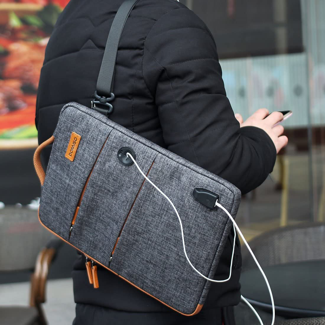 DOMISO 11 13 14 15.6 17.3 Inch Waterproof Bag Polyester with USB Charging Port Headphone Hole Notebook Laptop Sleeve 4