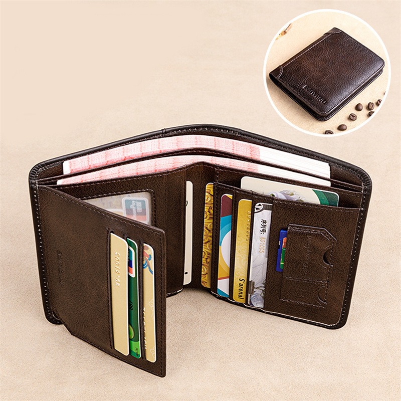 Three Fold Wallet Men's RFID Blocking Wallet Vintage PU Leather Wallet Business Credit Card Holder Bag Purse Men