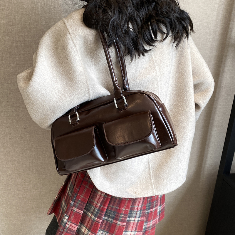 LEFTSIDE Small PU Leather Double Pockets Design Shoulder Bags For Women 2023 Female Underarm Bag Lady Handbags And Purses