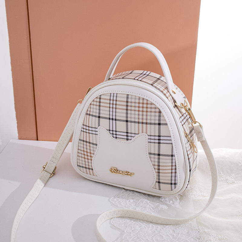 Korean Handbag Style Crossbody Bag: Sweet Checkered Cat Print Half Round Bag, Lightweight For Daily Use New Free Delivery Designer Bag