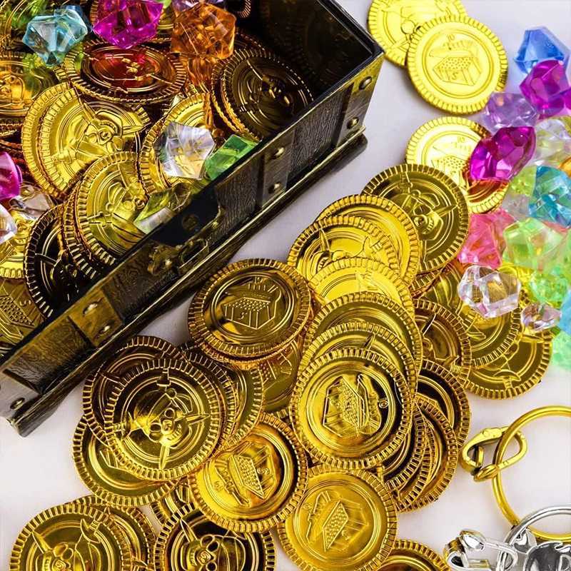 101 Pieces Pirate Treasure Chest Toy Box Gold Coins And Pirate Gems Jewelry Pirate Captain Cosplay Costume Props Halloween Decor Y240801