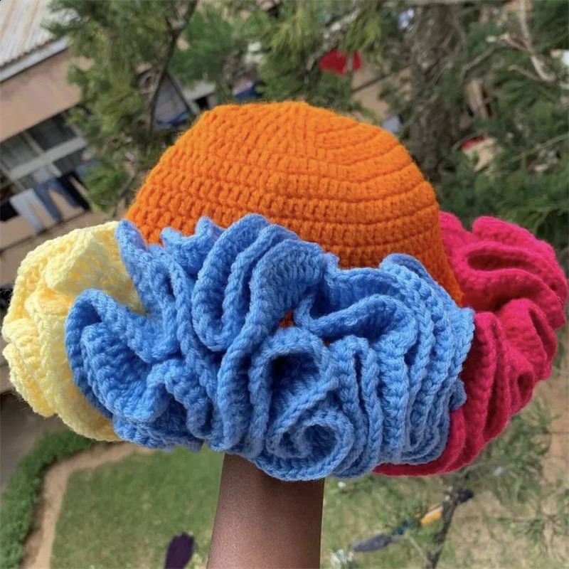 Handmade Knit Bucket Hat for Woman Weaving Floppy Ruffled Brim Bucket Hat Adult Teens Winter Cycling Fisherman Hat 240723