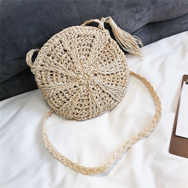 Casual Ladies Shoulder Bag New Street Round Rattan Wicker Woven Zipper Summer Beach Fashion Women Handbag