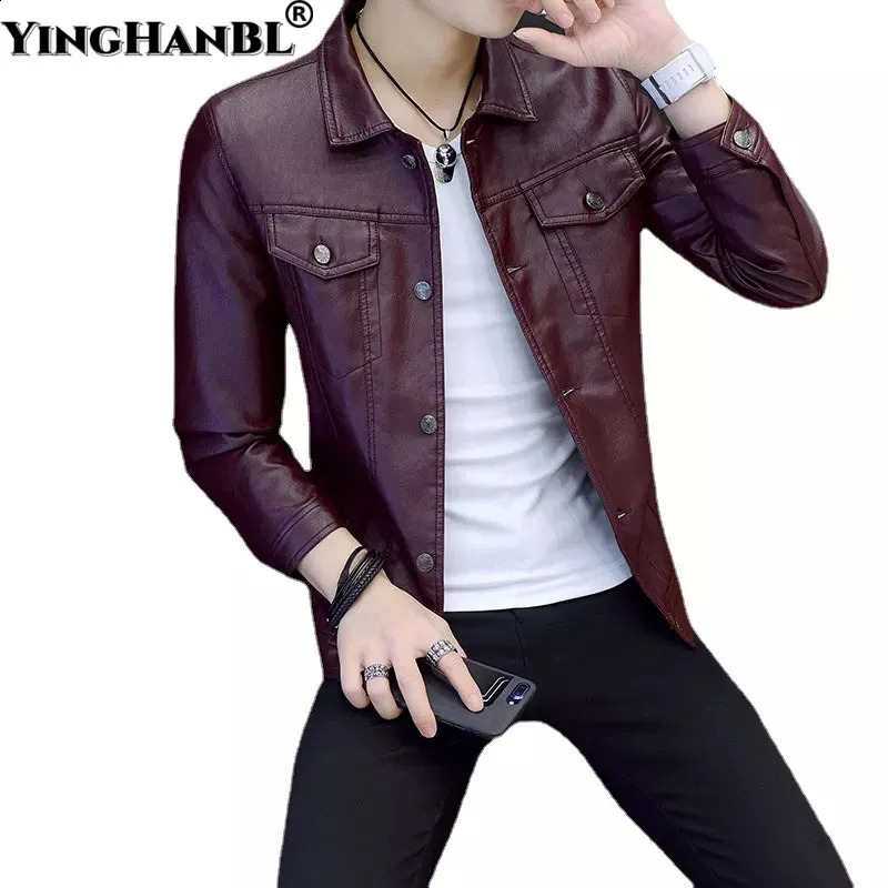 Mens Fashion Youth Lapel Faux Leather Jacket Korean Casual Slim Locomotive PU Leather Coat Man Shirts Jacket Male Clothing 240822