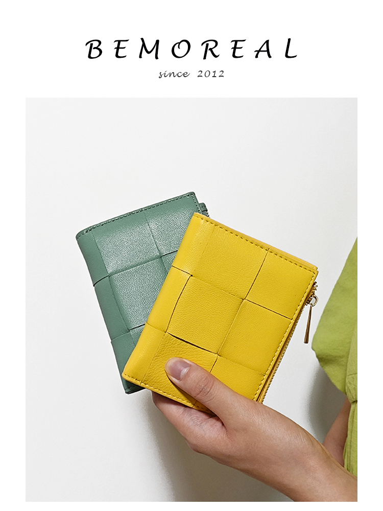 Women Genuine Leather Short Wallets 2023 Woven Sheepskin Small Purse Luxury Design Knitting Fashion Slim Money Bag For Ladies