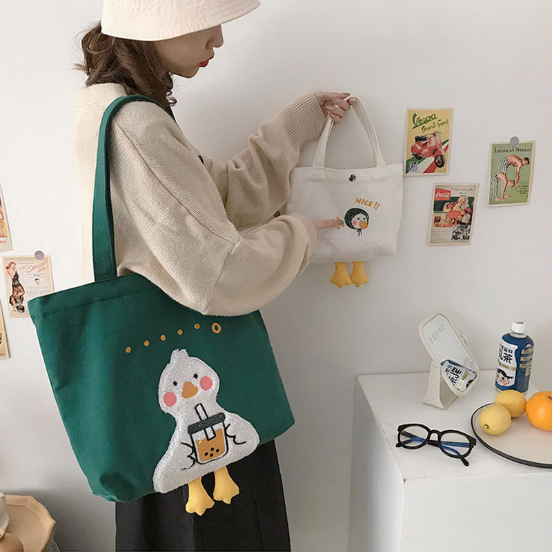 Hylhexyr ins Duck Embroidery Canvas Tote Bag 2020 New Soft Large Shoulder Work Bags Handbag for Women And Girl Shopping Bags