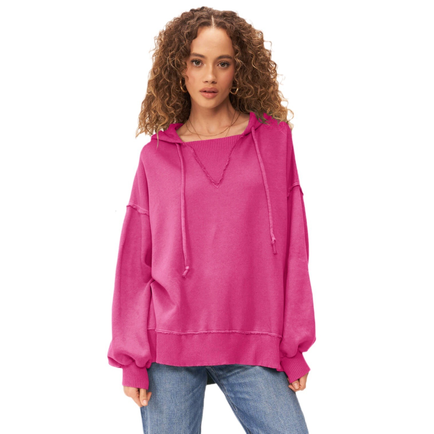 Solid color drawstring hooded sweatshirt with slit fashion trendy brand long sleeved top baseball jersey F8.2#53
