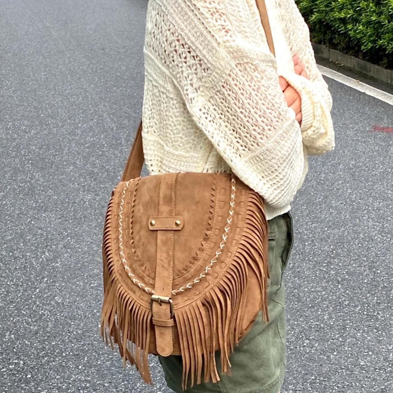 Fashion Retro Handmade Faux Suede Tassel Womens Shoulder Crossbody Messenger Bag Tassel Boho Handbag for Women Summer