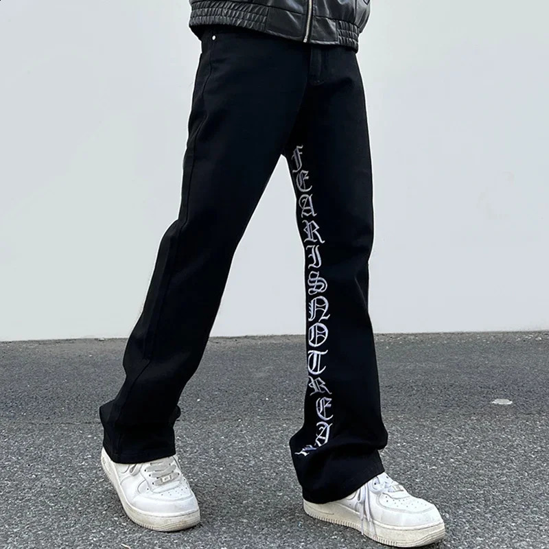 Harajuku inner letter embroidery white black mens jeans straight retro street clothing luggage oversized denim Trojan horse 240829