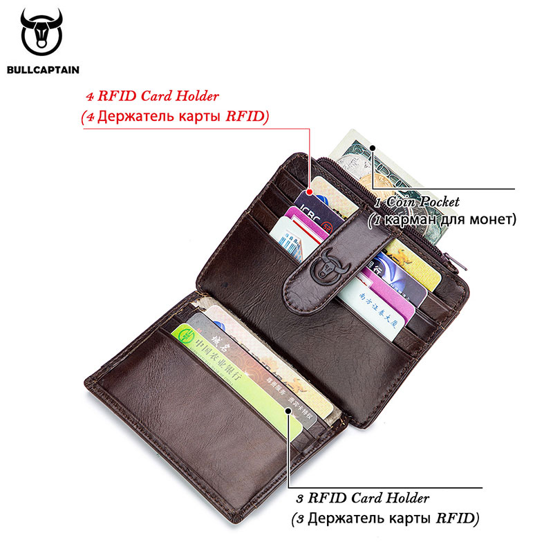 BULLCAPTAIN Genuine Leather RFID Blocking Zipper Card Holder Credit Cart Wallet Mini Slim Wallet Card & Id Holders Man Business
