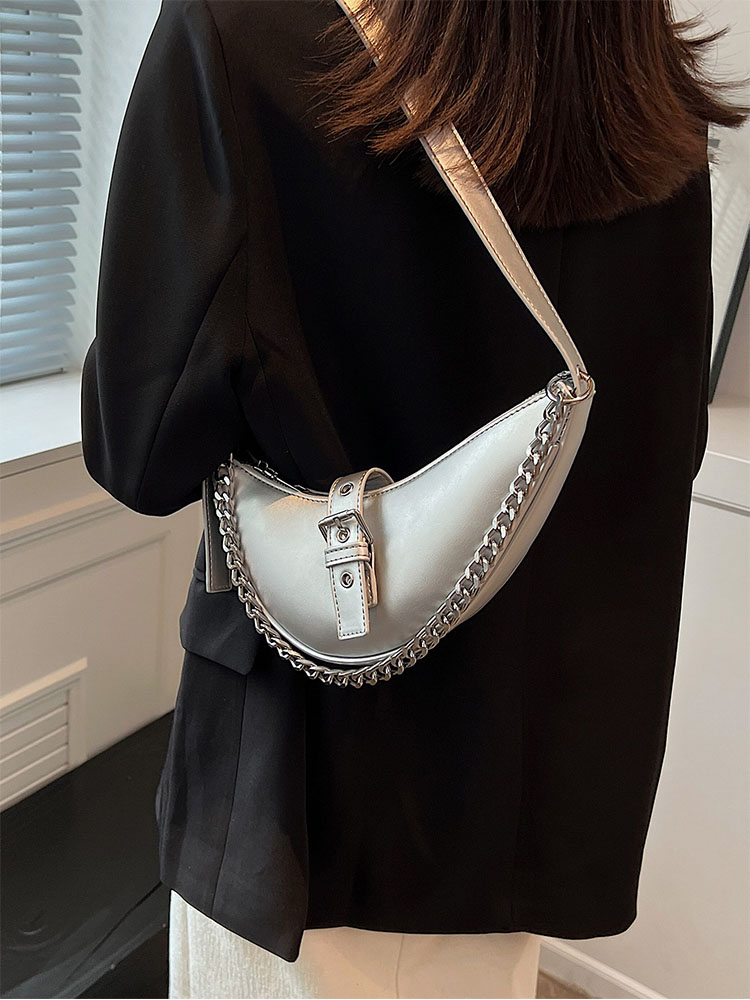 Small Design Fashion French Lady Armpit Bag All-In-One Commuter Crescent Pack Silver
