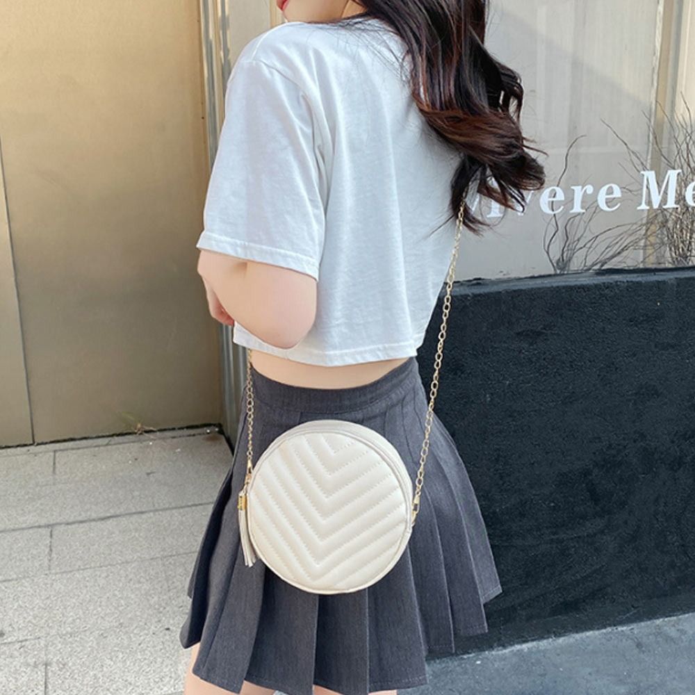 Fashion Women Round Bag PU Leather Women's Circular Crossbody Shoulder Bags with Tassel Ladies Purse Female Handbag