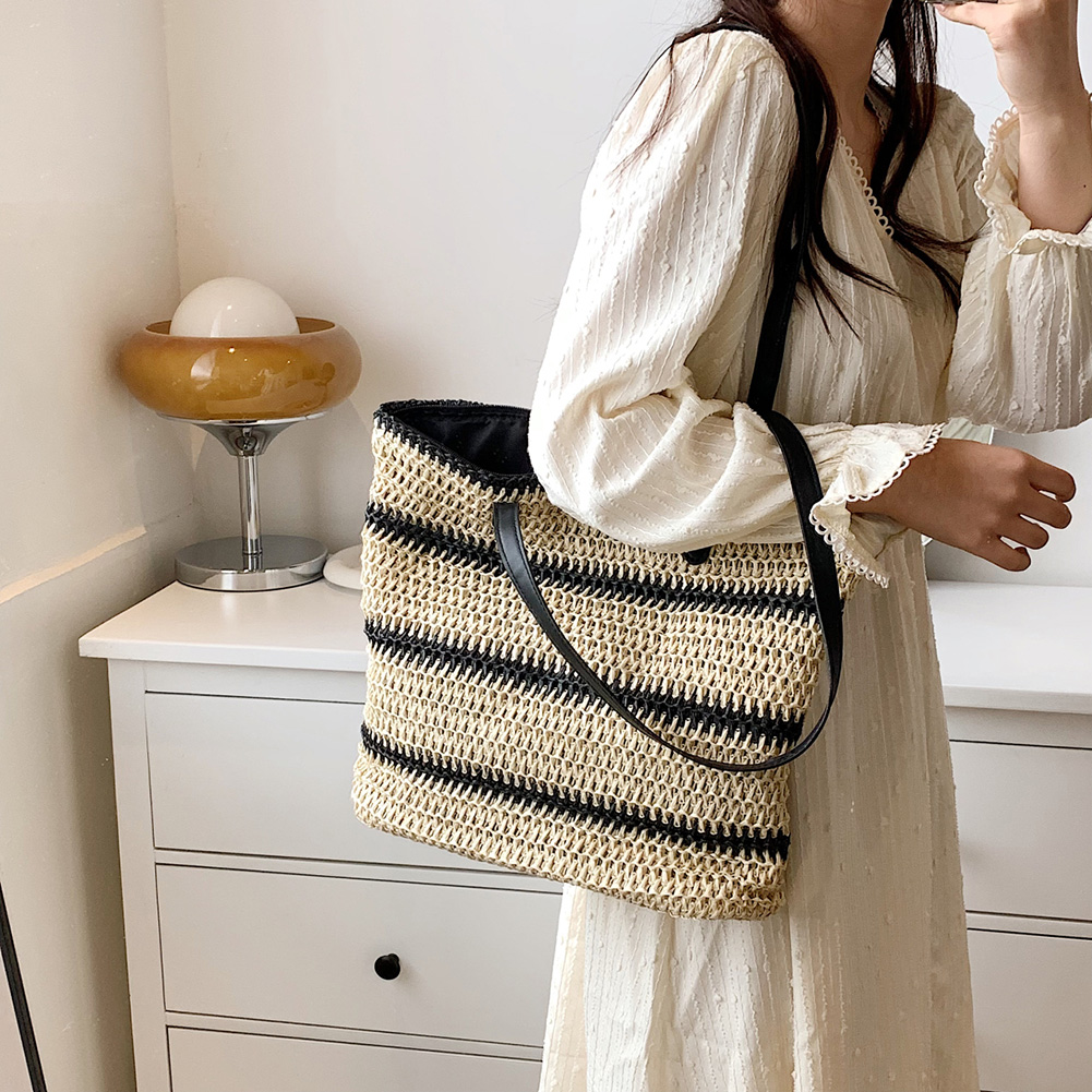 Summer Straw Shoulder Bags for Women Striped Woven Seaside Beach bag Vacation Shopping Bags Casual Female Shoulder Handbags Tote