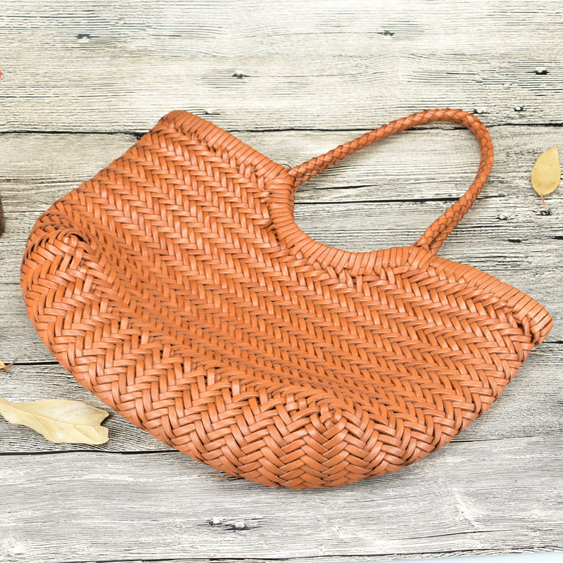 Hand-woven Genuine Leather Woven casual vegetable basket bag with Casual Woven Inside Bag Vintage Shopping Bag Tote Bag