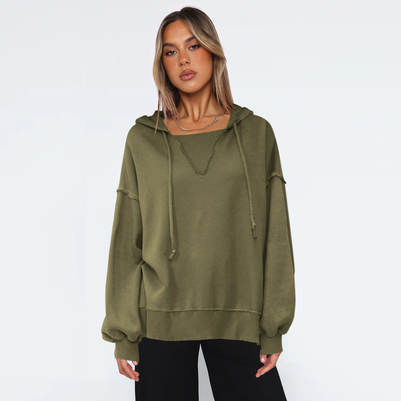 Solid color drawstring hooded sweatshirt with slit fashion trendy brand long sleeved top baseball jersey F8.2#53