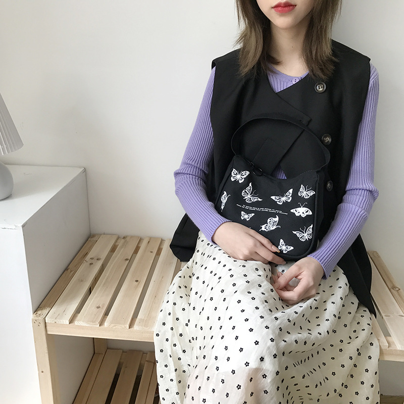 Spring Women Small Handbag Butterfly Print Canvas Tote Ladies' Fashion Underarm Bag Zipper Half Moon Bags Cotton Cloth Purse