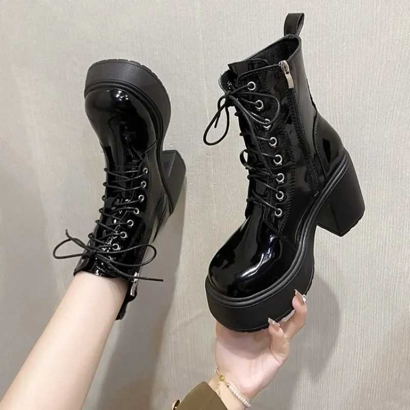Autumn and Winter Womens Ankle Boots Waterproof Platform Lace Thick High Heels Short Boots Fashion 9cm High Heels Leather Botas CL240906