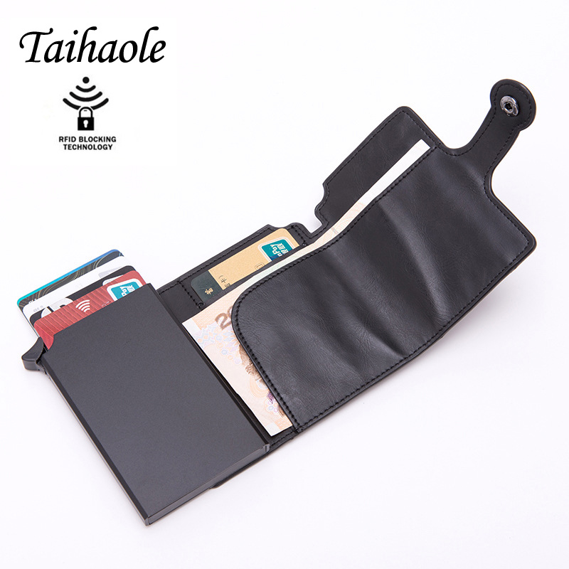 Taihaole Men RFID Button Credit Card Holder High Quality Metal Aluminum Auto Pop-up RFID ID Card Case Black Wallet Coin Purse