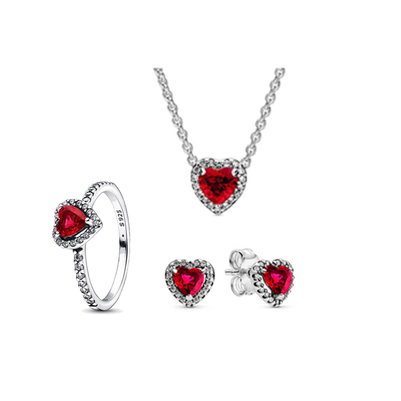 925 Silver Love Charm Necklace Ring Earrings Set Jewelry Dark Red Pink Romantic Valentine Day Women's Family Gift Personality