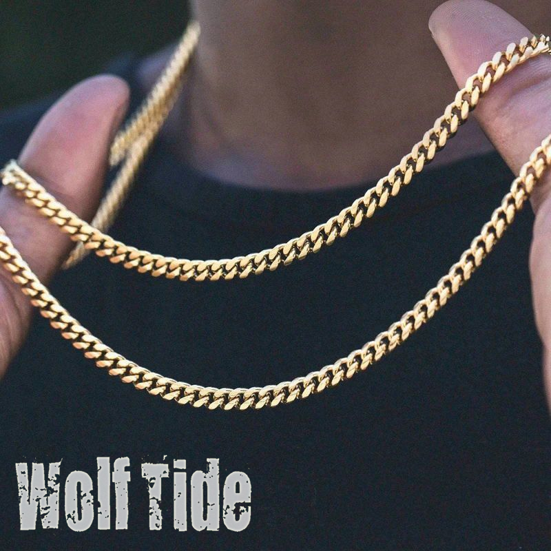 Wolf Tide Men's Cuban Link Chain Necklace Stainless Steel Black Gold Color Male Choker Colar Curb Chains Jewelry Accessories Gifts for Him Vijoux