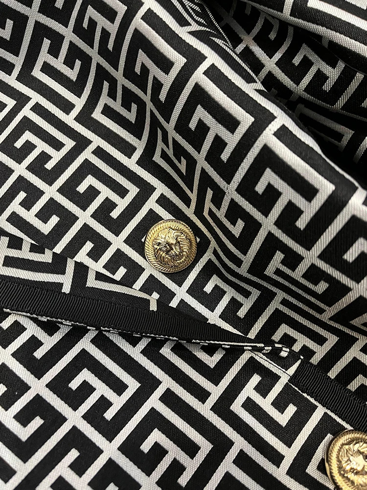 Stylish Western Style Ribbon Edge Classical Black White Geometric Pattern Jacquard Doublebreasted Women Blazer 240801