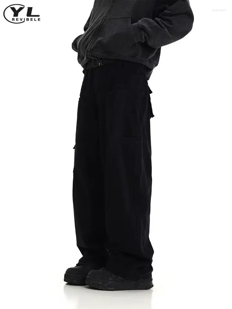 Mens Pants American Vintage Wide Leg Cargo Pant High Waist Solid Color Mtiple Pockets Jogging Spring Baggy Straight Trousers Drop Deli Otqex