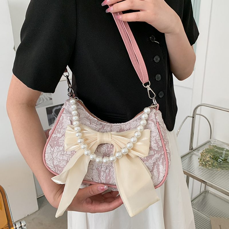 Fashion Pearl Chains Design Female Shoulder Messenger Bag Sweet Bow Ladies Crossbody Bags Flower Pattern Women Square Handbags